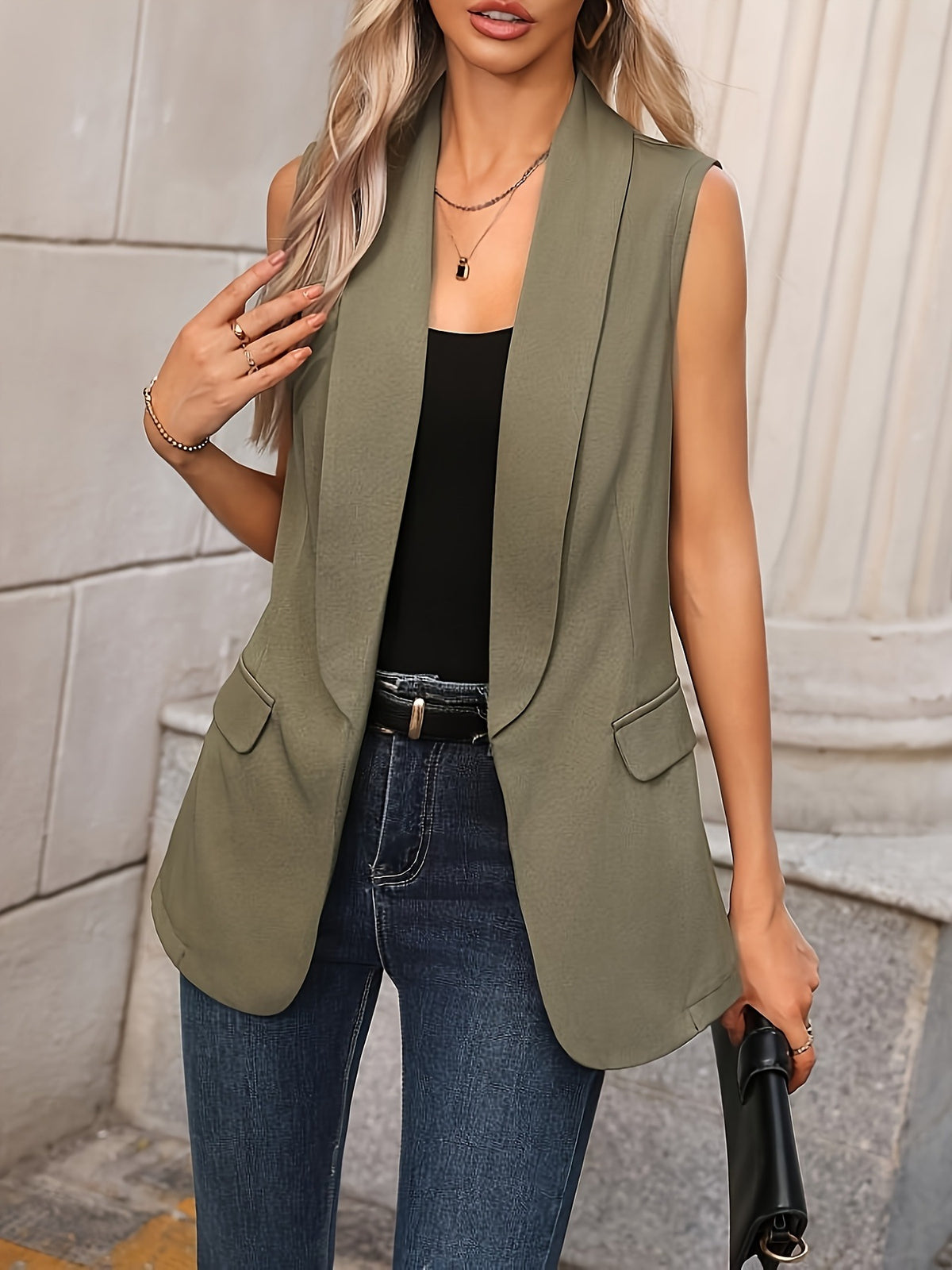 Sleeveless Shawl Collar Vest Coat - Moss - View 3