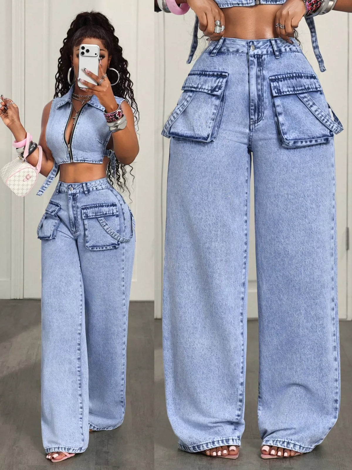 High-Waisted Wide-Leg Cargo Jeans - Blue - View 1