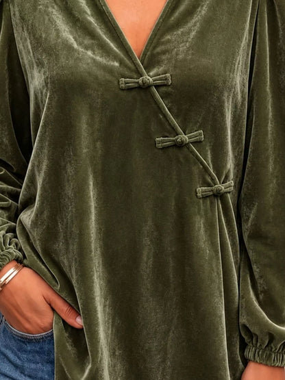 Chinese-Style Knot Buttons Velvet Blouse - Dark Green - View 2