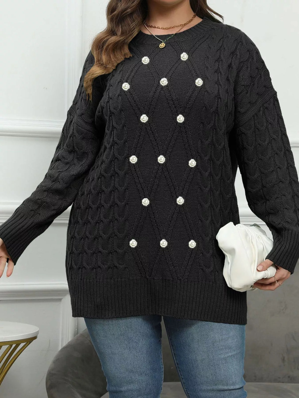 Plus Size Cable Knit Dropped Shoulder Sweater - Red - View 5