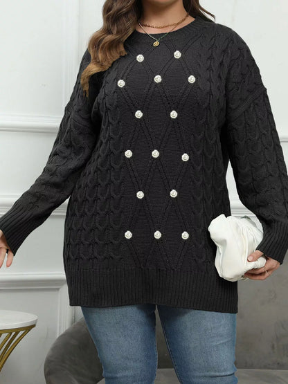 Plus Size Cable Knit Dropped Shoulder Sweater - Red - View 5
