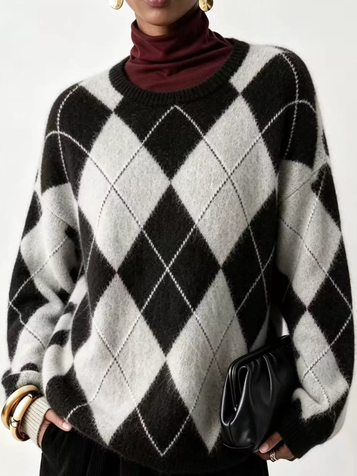 Argyle Pattern Fuzzy Knit Sweater - Black - View 16
