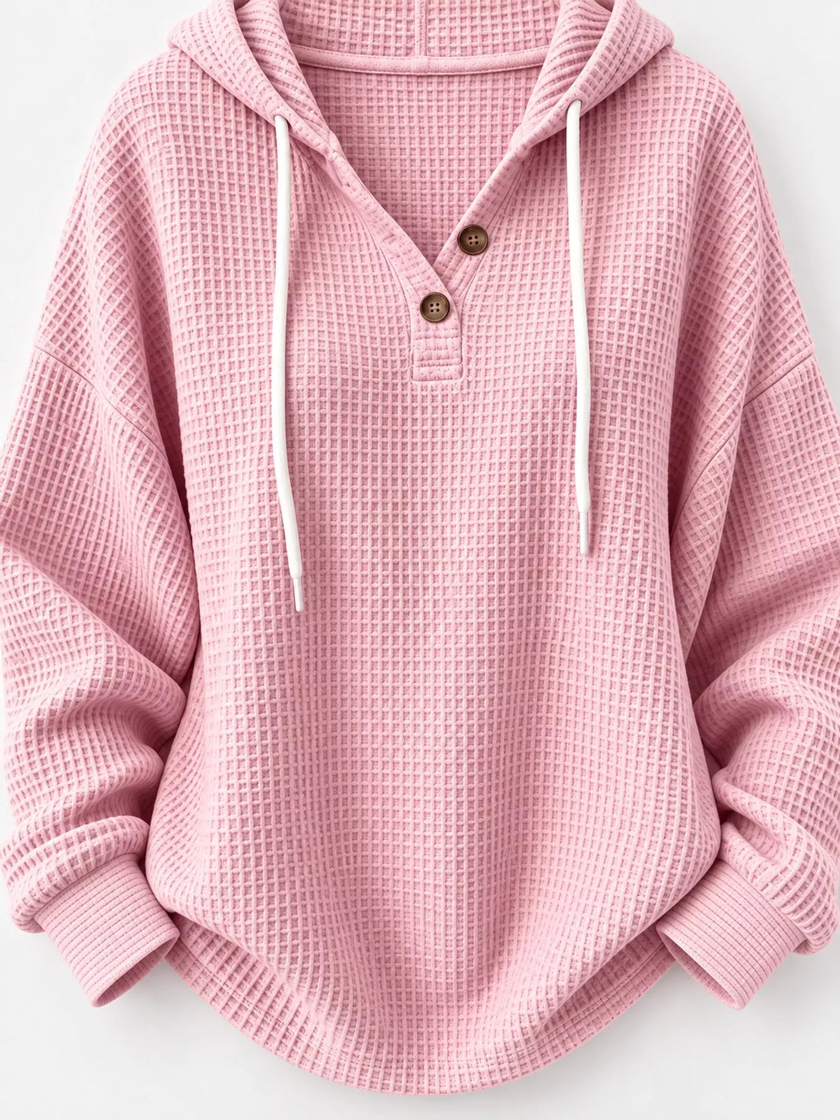 Full Size Waffle Knit Button Detail Hoodie Plus Size - Pink - View 19