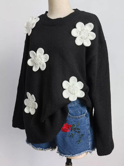 Floral Applique Crew Neck Sweater - Black - View 6