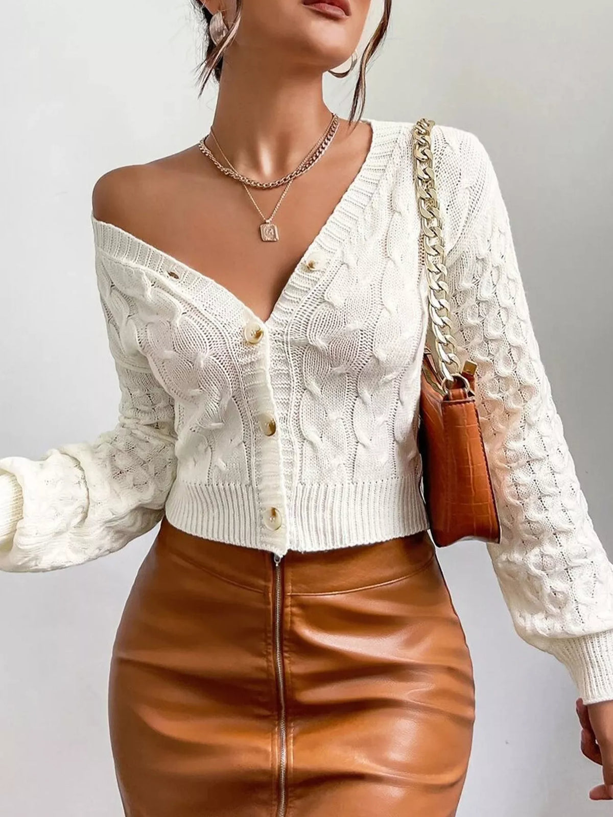 Cable Knit Button-Down Cardigan - Milky White - View 2