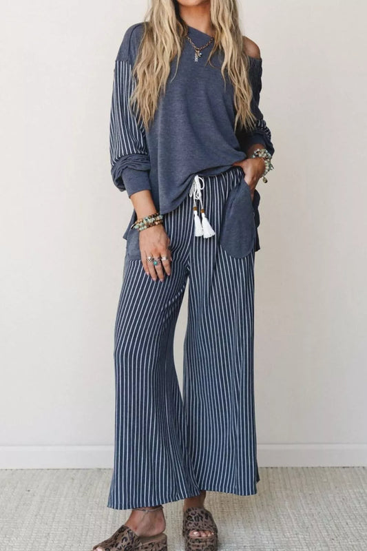 Raw Seam Patchwork Long Sleeve Top Pocket Casual Pants 2pcs Set - Dusty Blue - View 2