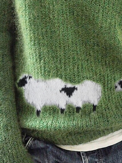 Full Size Sheep Pattern Round Neck Sweater Plus Size - Green - View 2