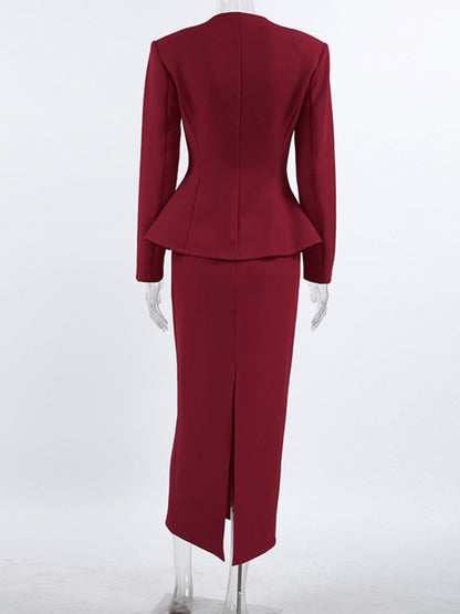 Button Up Peplum Blazer & Skirt Set - Burgundy - View 8