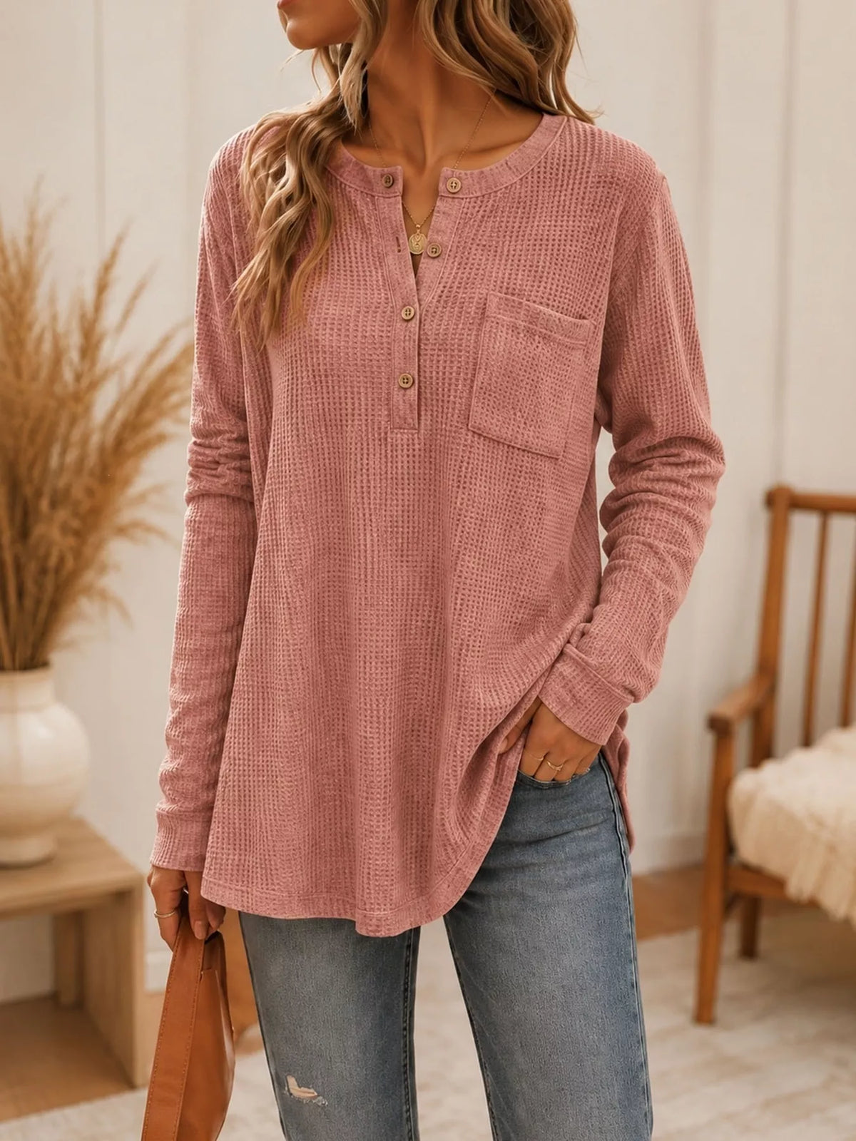 Waffle Knit Button Detail Top - Pink - View 1