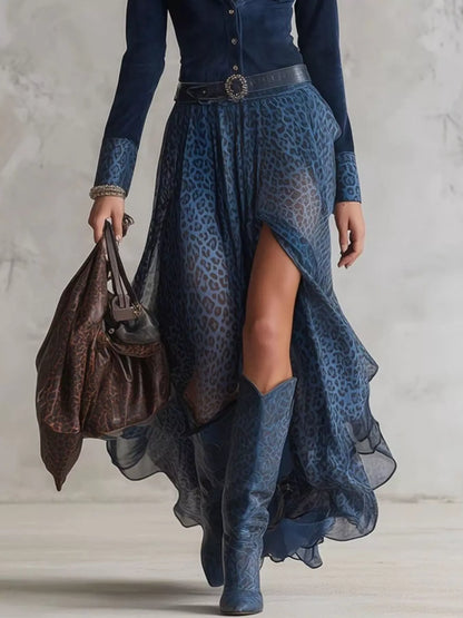 Leopard Button Front Slit Maxi Dress - Navy - Styled Lower Body Detail