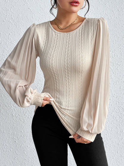 Honey Pleated Puff Sleeve Round Neck Blouse - Cream - View 3