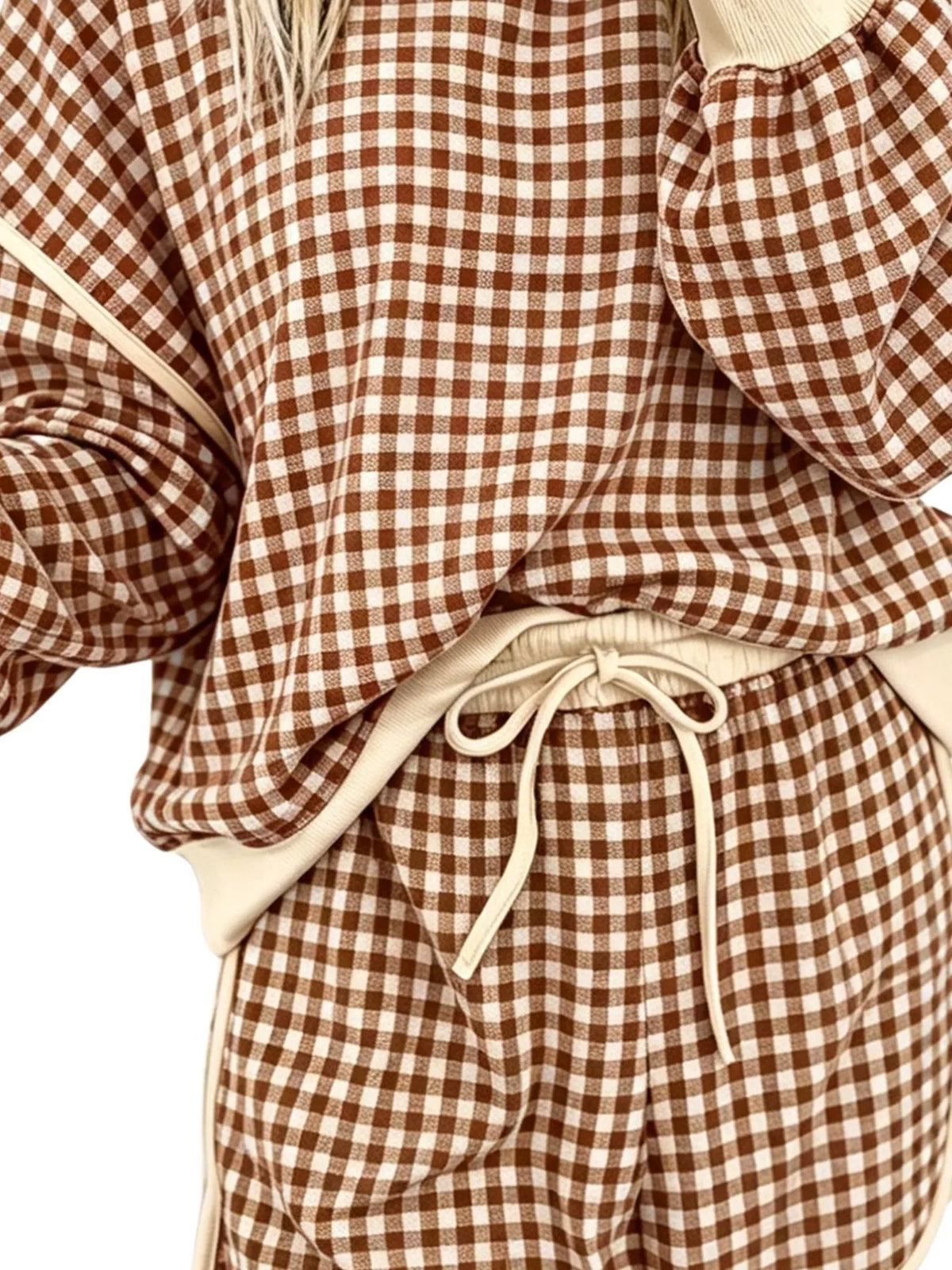 Plaid Long Sleeve Top and Shorts Set - Khaki - View 3