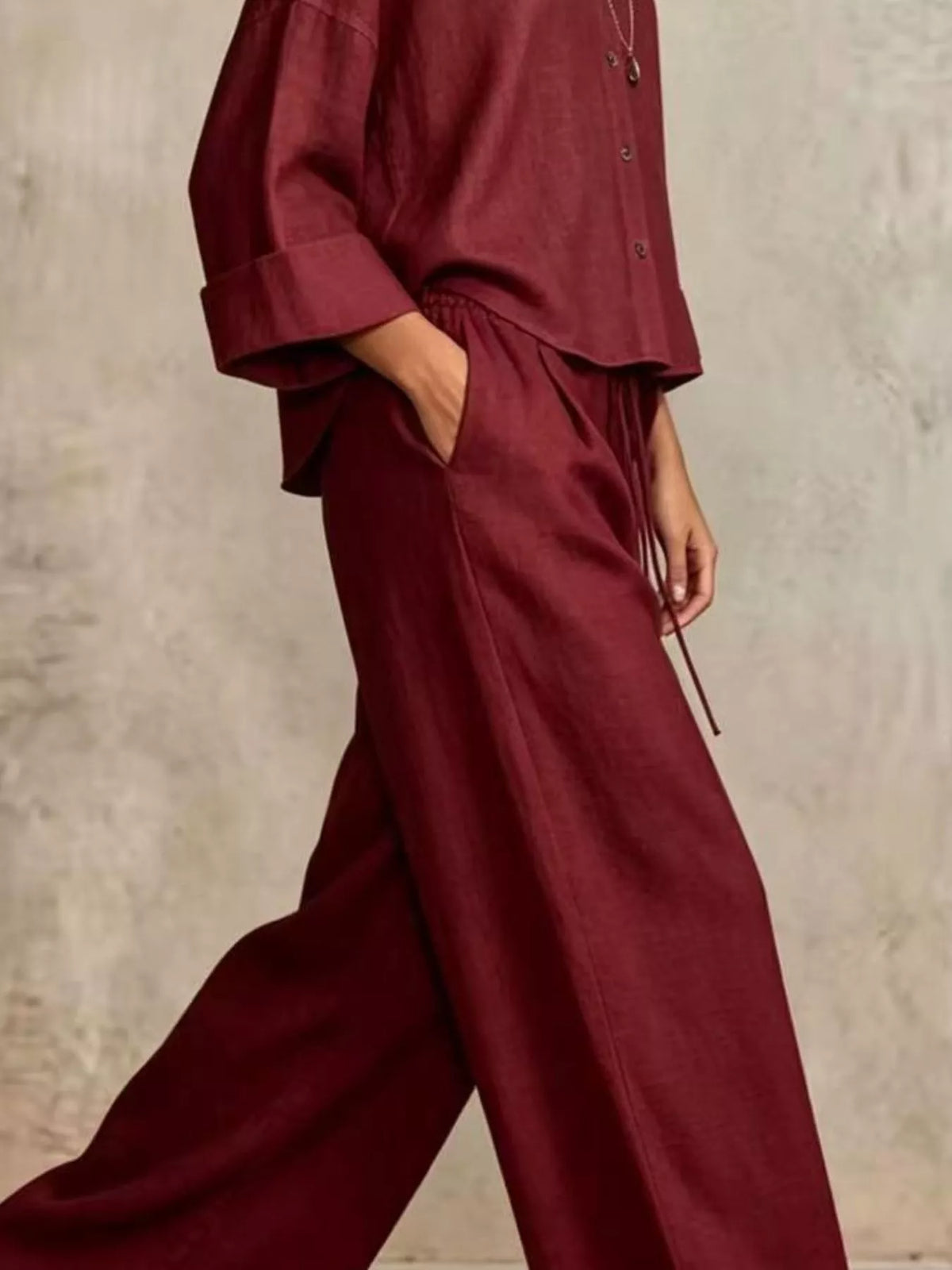 Full Size Button-Down Shirt and Wide-Leg Pants Set Plus Size - Burgundy - View 11