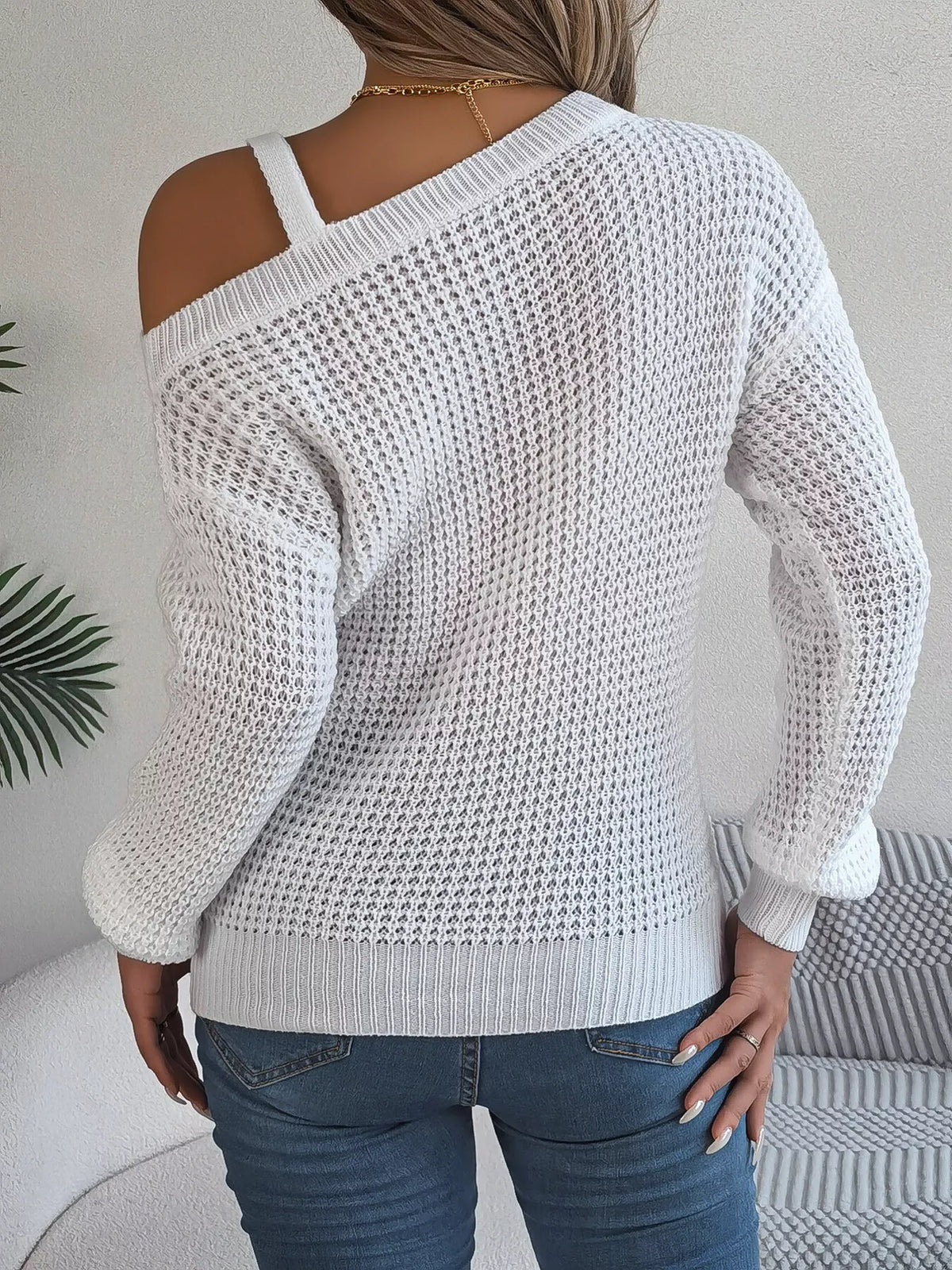 Asymmetrical Neck Long Sleeve Sweater - White - View 7