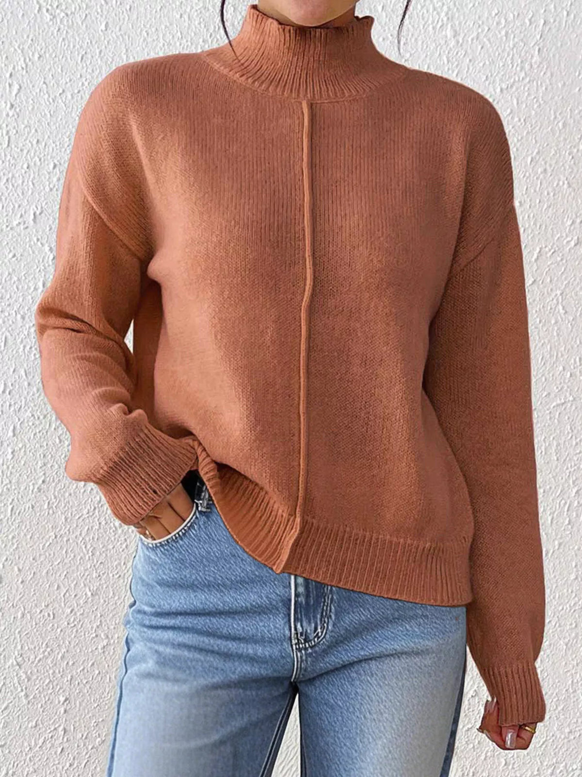 Center Seam Detail Turtleneck Sweater - Caramel - View 4