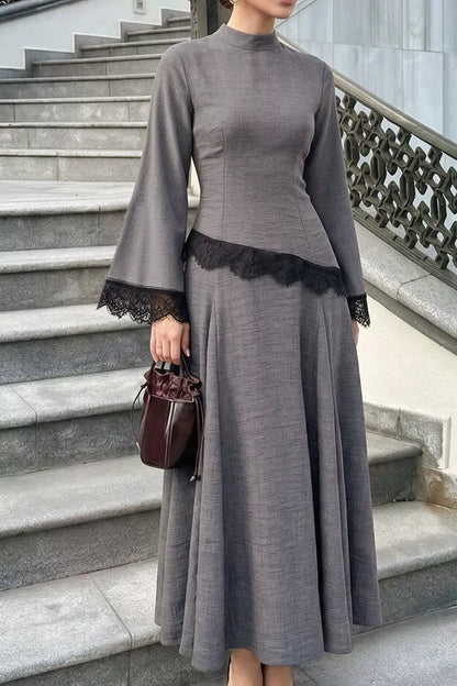 Lace Detail Mock Neck Top and Skirt Set - Dark Gray - View 6