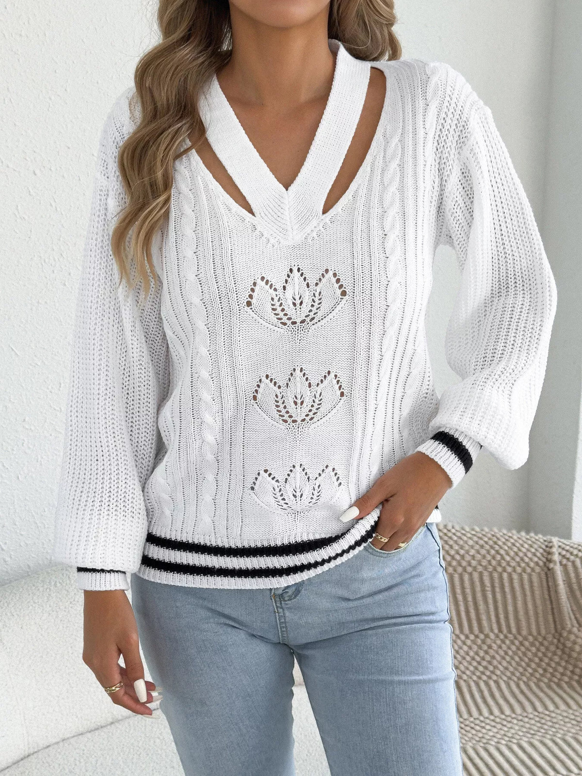 Cutout Cable Knit Sweater - White - View 3