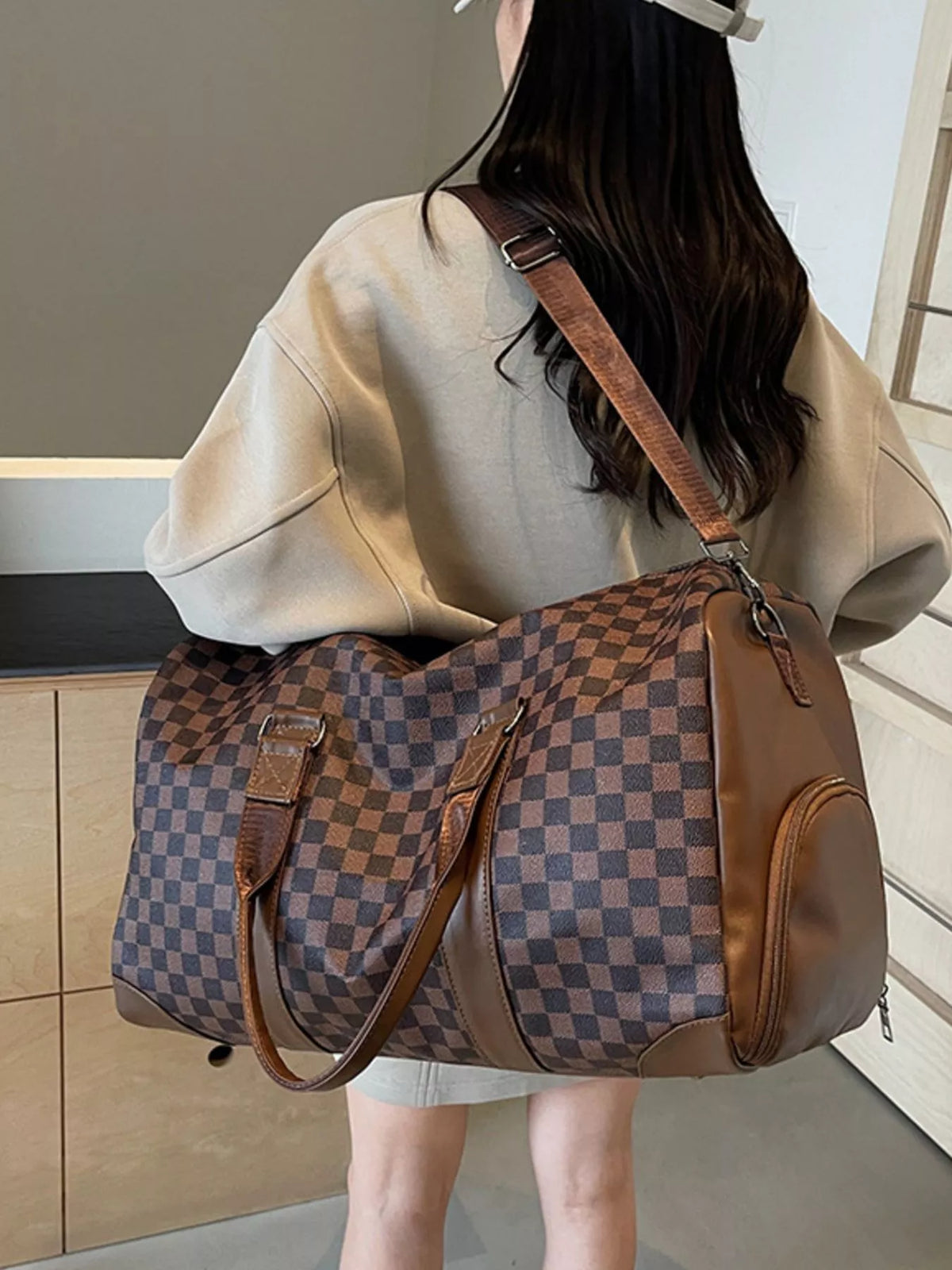 Checkered Pattern Travel Bag - Brown - View 3