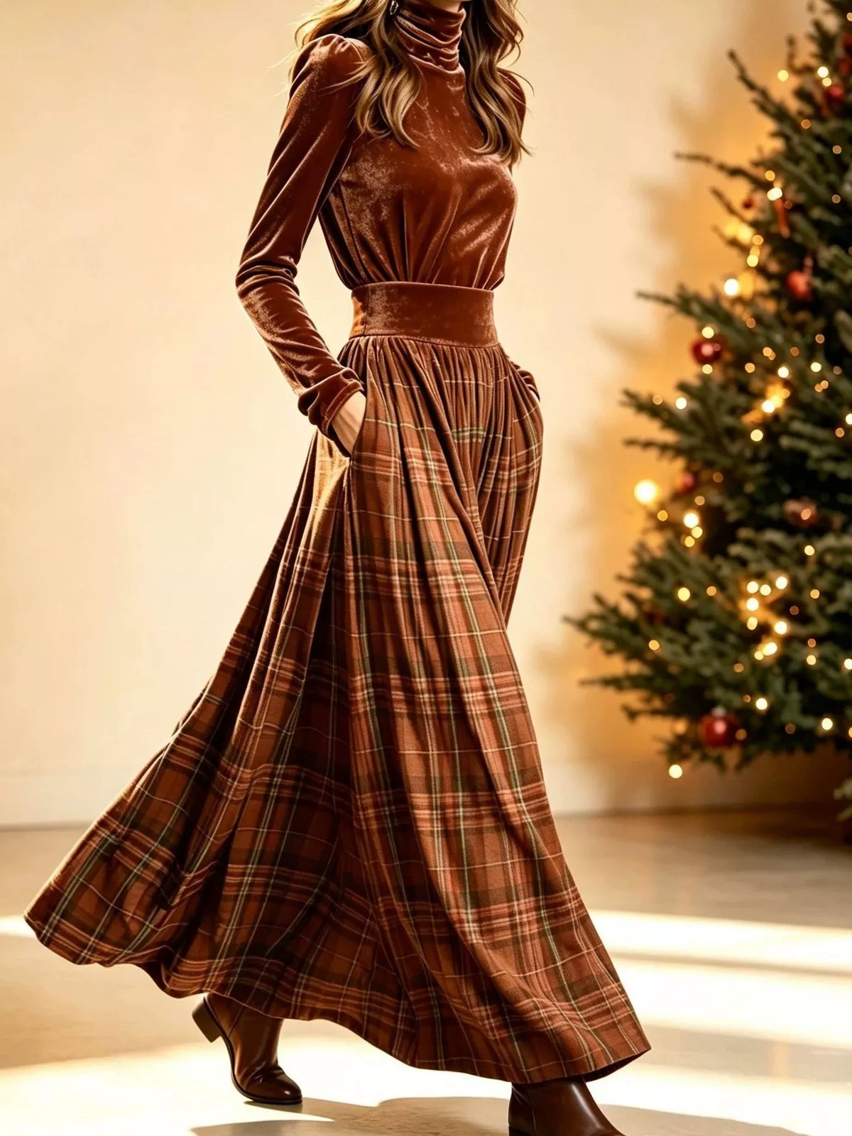 Velvet Turtleneck Top and Plaid Maxi Skirt Two-Piece Set - Caramel - View 5