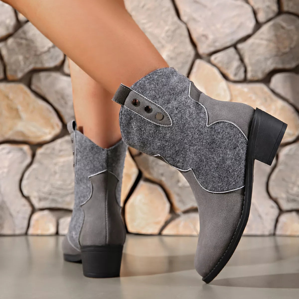 Point Toe Block Heels Boots - Dark Gray - View 5