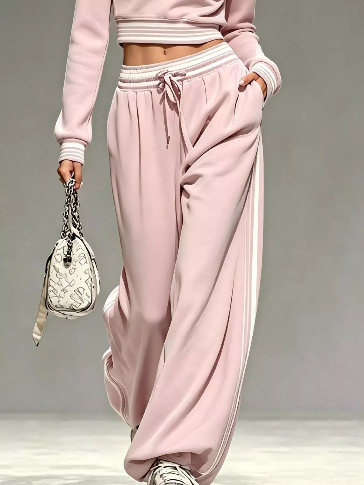 Full Size Half Zip Cropped Top and Pants Set Plus Size - Blush Pink - View 2