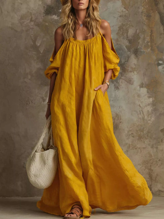 Full Size Cold-Shoulder Linen Maxi Dress Plus Size - Mustard - View 1