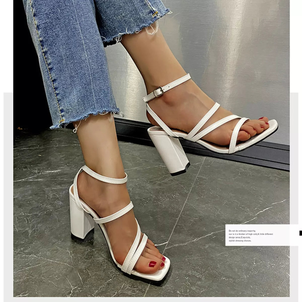 Open Toe Block Heels Sandals - White - View 2