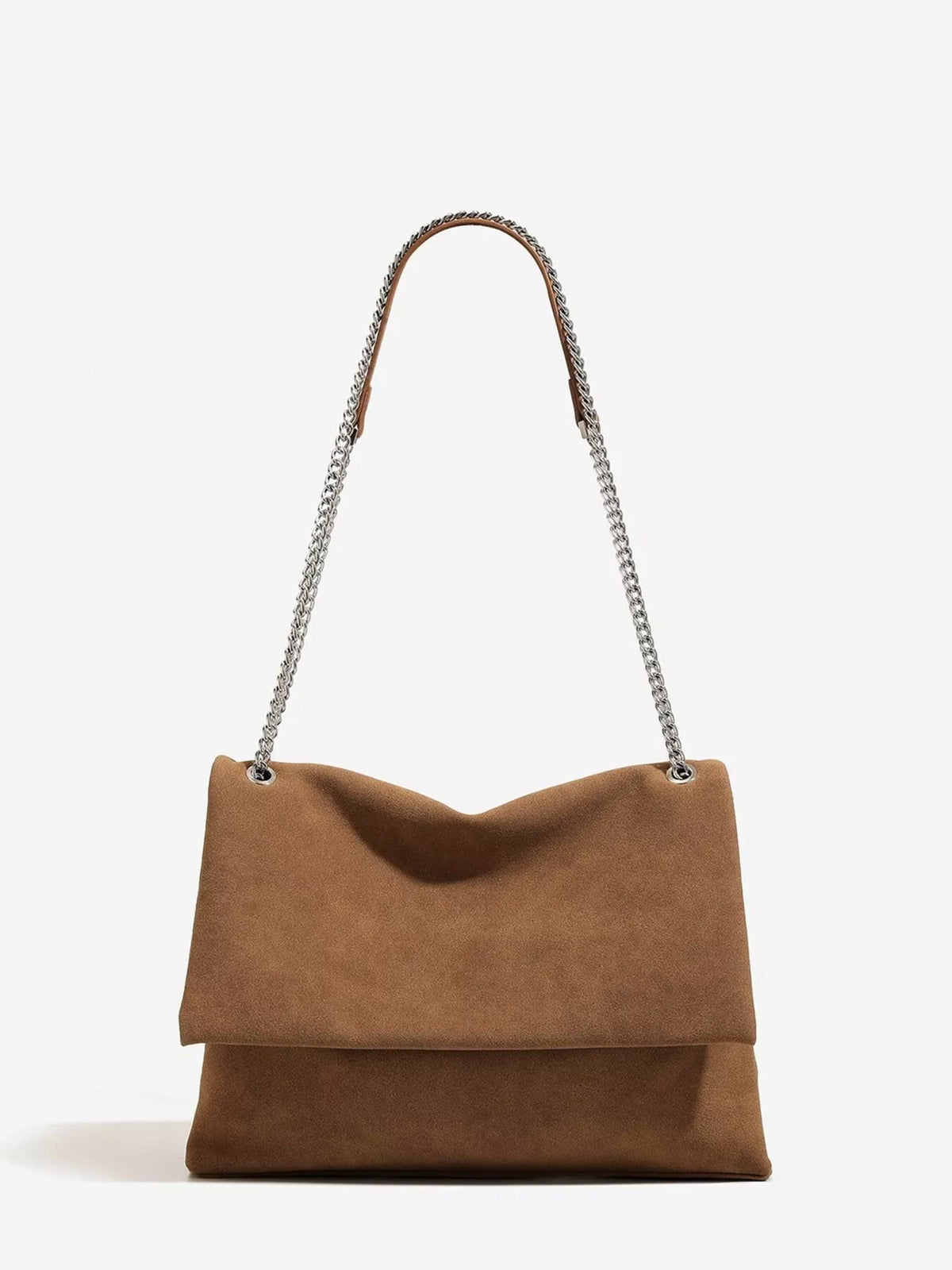 Suede Shoulder Bag with Metallic Chain Strap - Brown - View 1