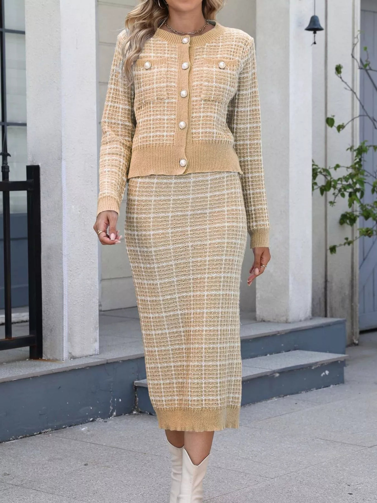 Plaid Knit Cardigan and Midi Skirt Sweater Set - Khaki - View 1