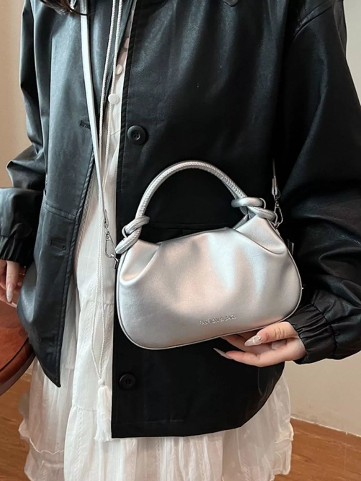 Knot Handle Ruched Crossbody Bag - Gray - View 11
