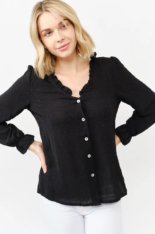 And The Why Polka Dot Ruffle Detailed Blouse Top - BLACK - View 7