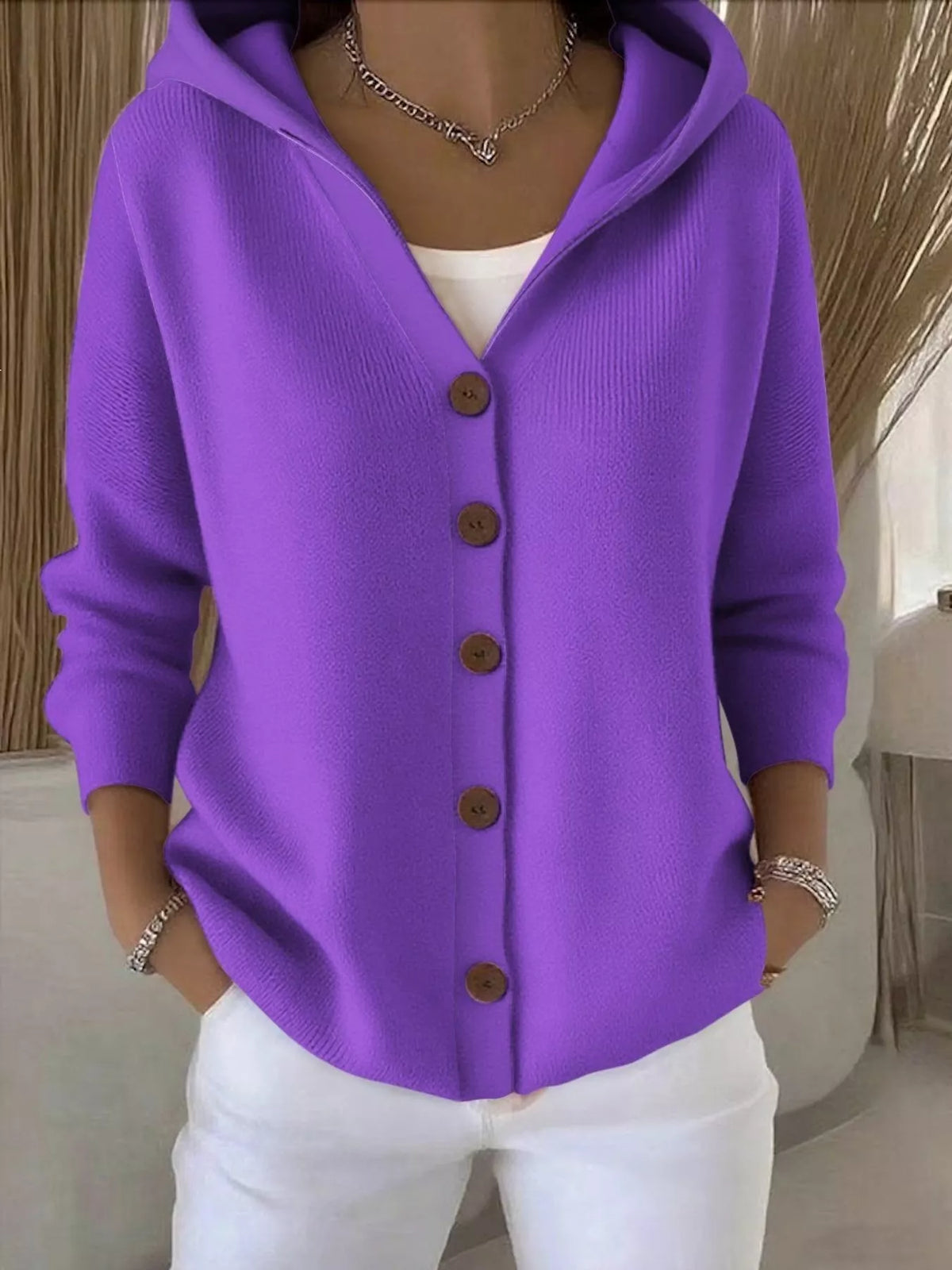 Full Size Hooded Button-Down Knit Cardigan Plus Size - Purple - View 29