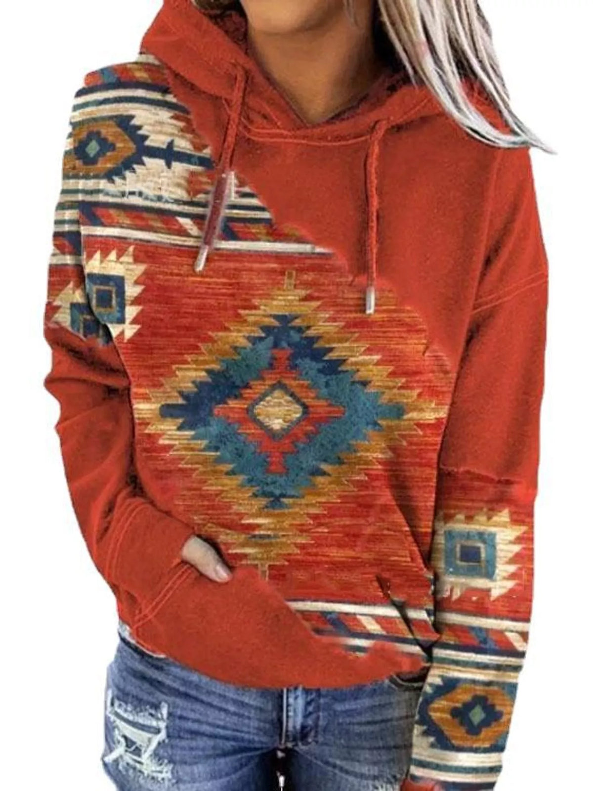 Full Size Aztec Print Hoodie with Kangaroo Pocket Plus Size - Orange - View 1