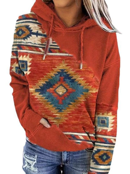 Full Size Aztec Print Hoodie with Kangaroo Pocket Plus Size - Orange - View 1