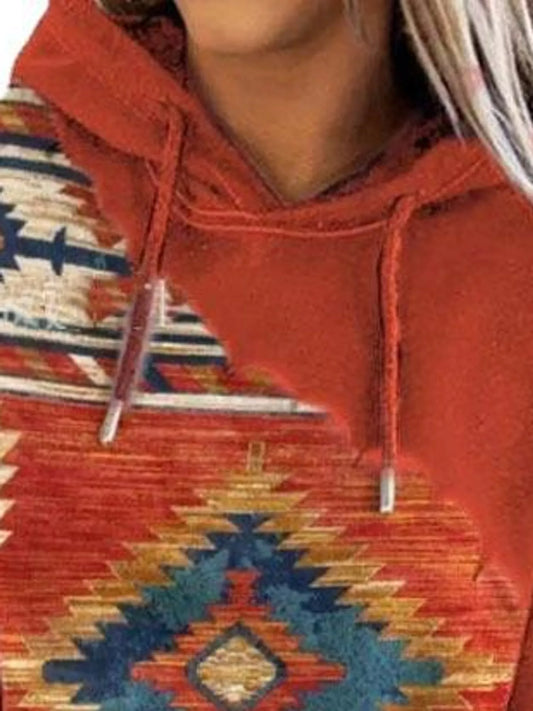 Full Size Aztec Print Hoodie with Kangaroo Pocket Plus Size - Orange - View 2