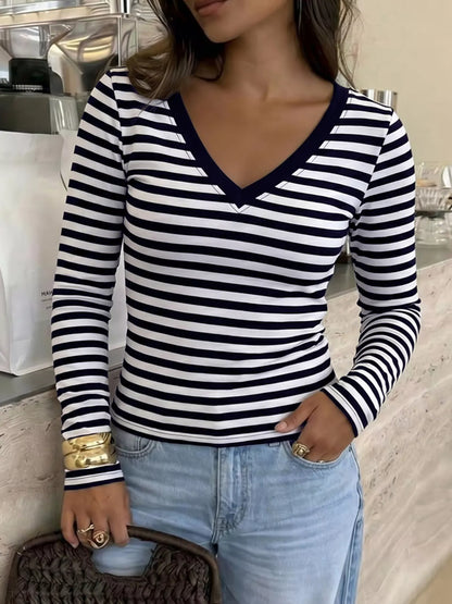 Striped V-Neck Long Sleeve T-Shirt - Black - View 2
