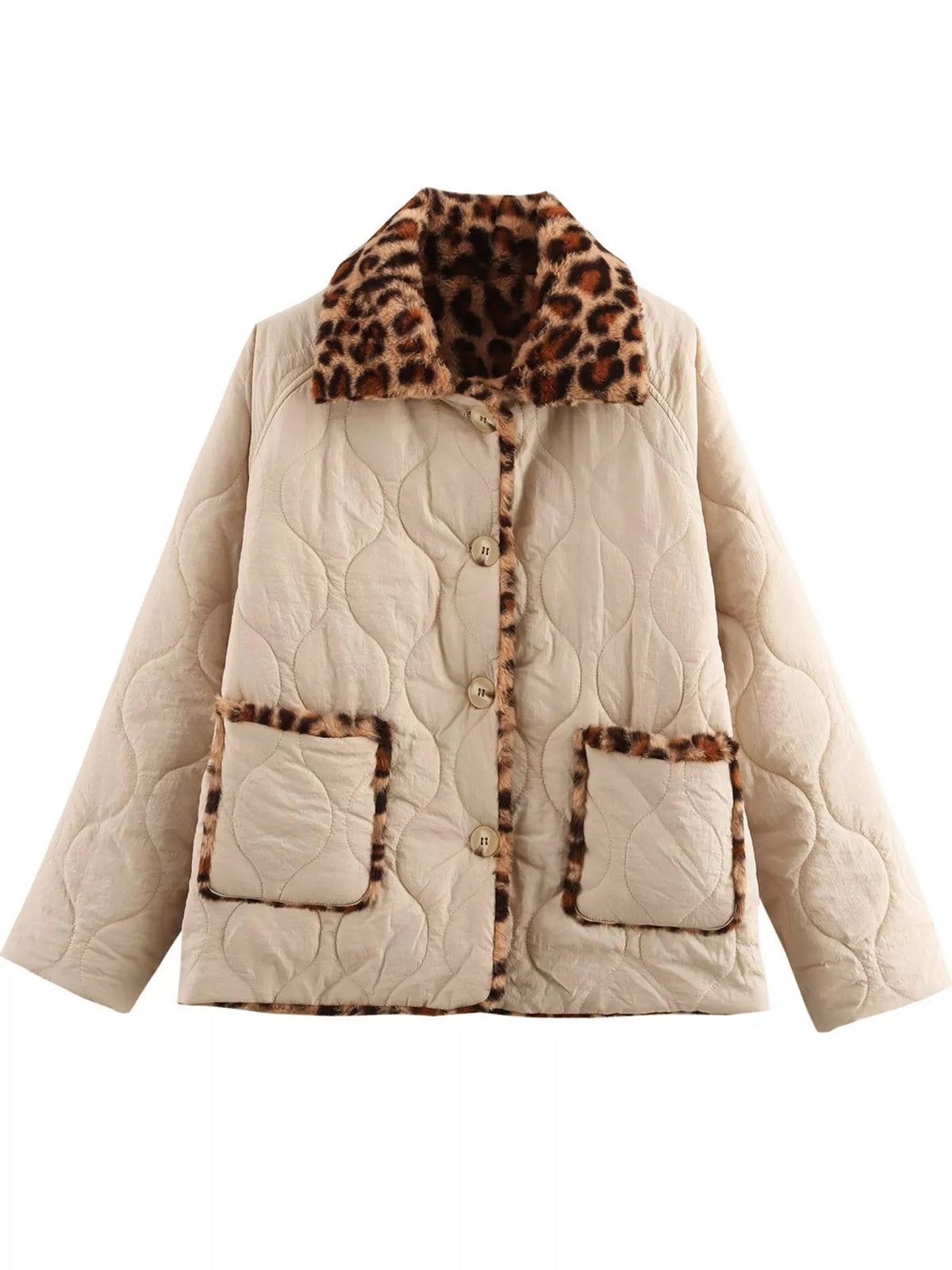 Leopard Faux Fur Trim Quilted Jacket - Khaki - View 2