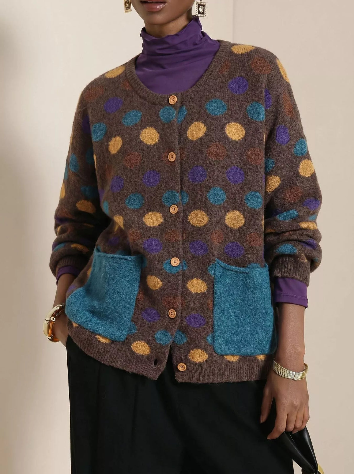 Full Size Polka Dot Button Down Cardigan Plus Size - Coffee Brown - View 1