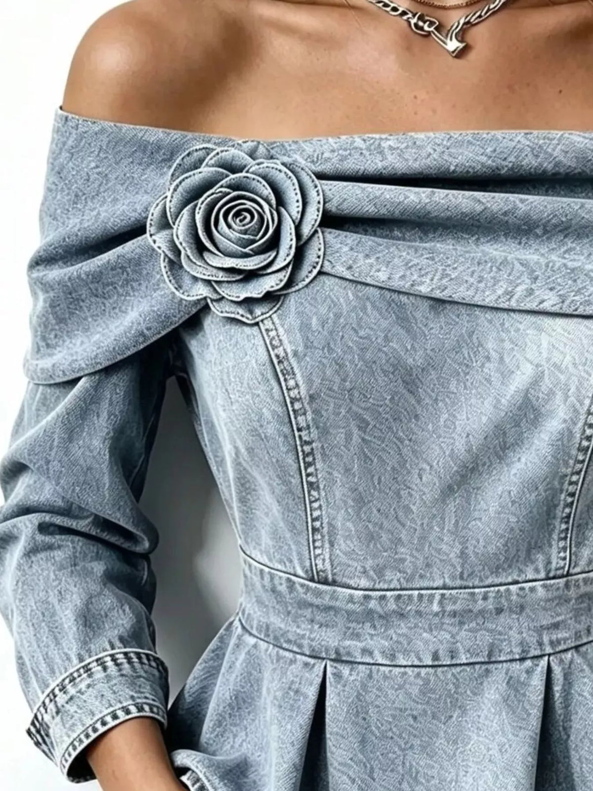 Full Size Off-Shoulder Floral Denim Look Top Plus Size - Light Gray - View 2