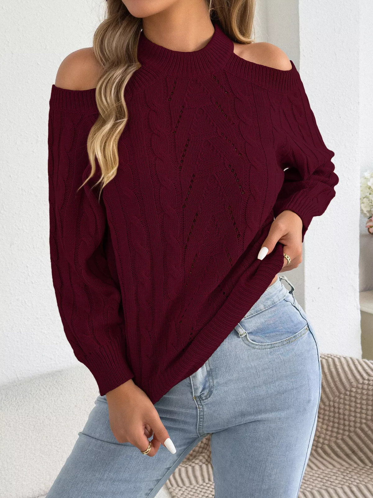 Cold Shoulder Cable Knit Sweater - Burgundy - View 2