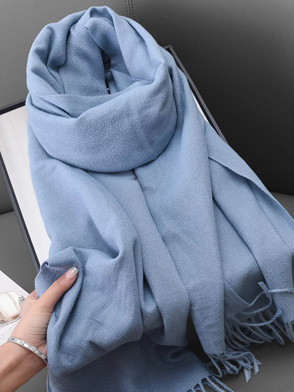 Solid Color Fringe Scarf - Light Blue - View 10