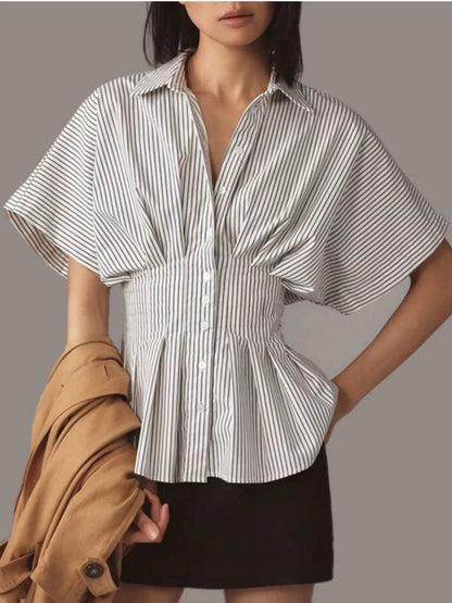 Striped Cinched Waist Shirt - Black - View 1