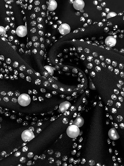 Rhinestone Pearl Detail One-Shoulder Mermaid Maxi Dress - Black - View 11