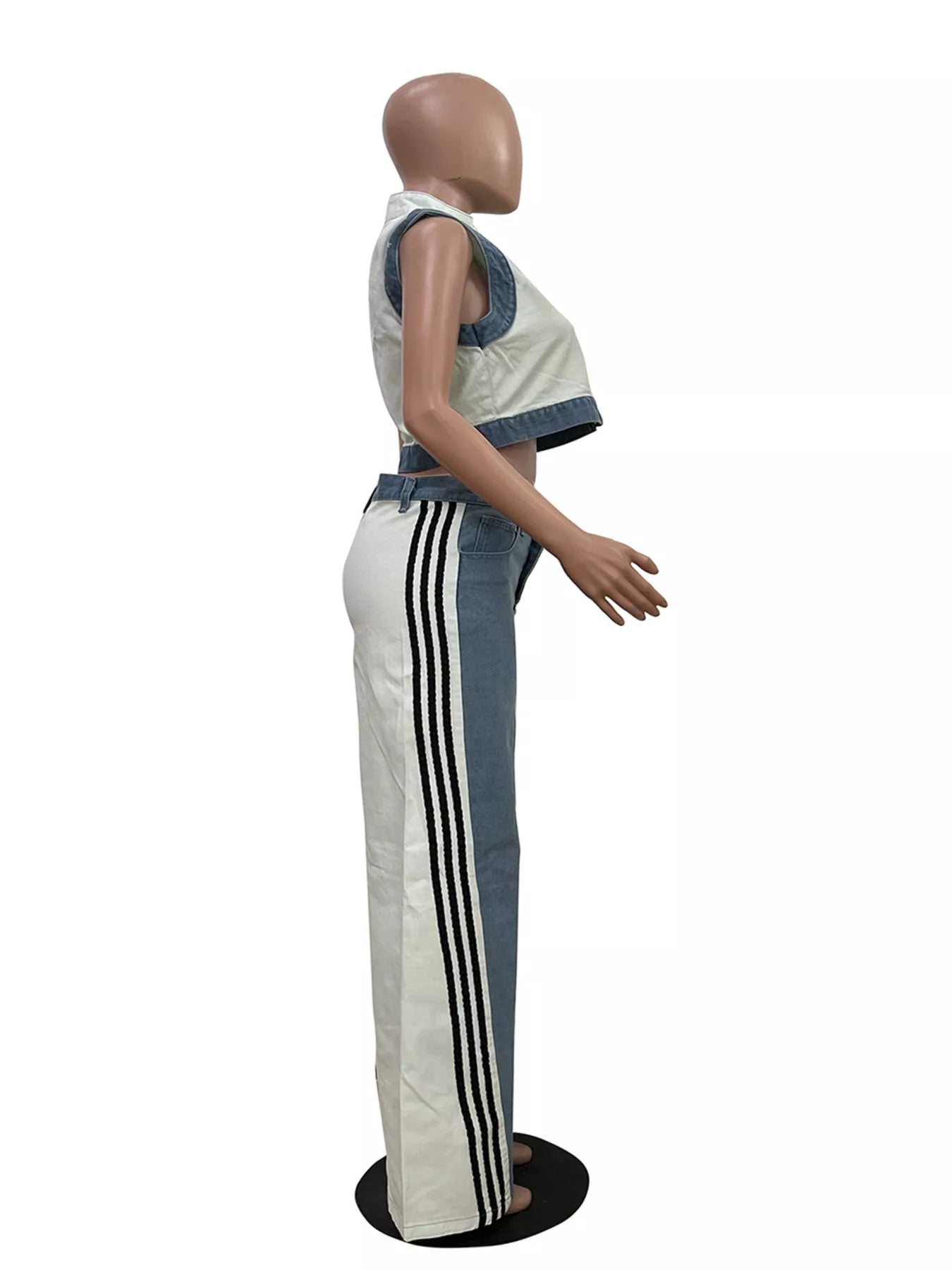 Zip Front Crop Top and Striped Pants Set - White - Side Mannequin View