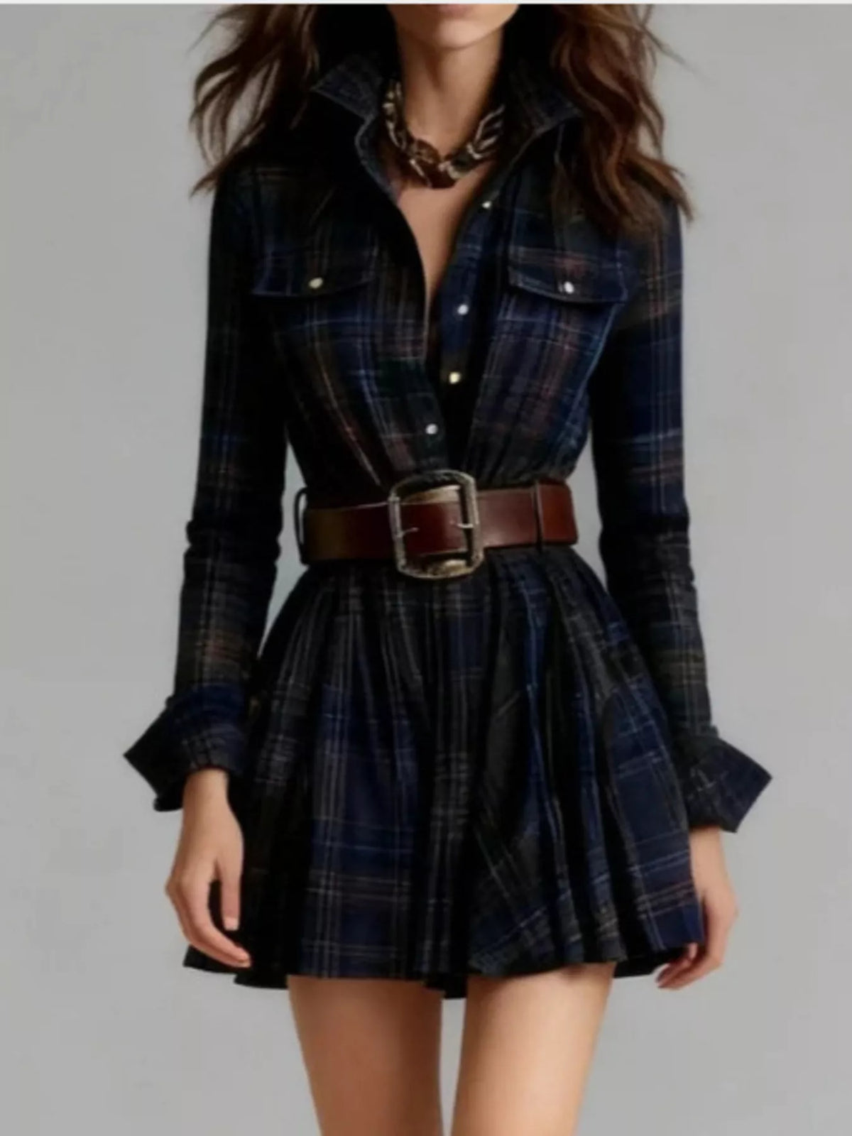 Plaid Long Sleeve Shirt Dress - Dark Navy - View 1