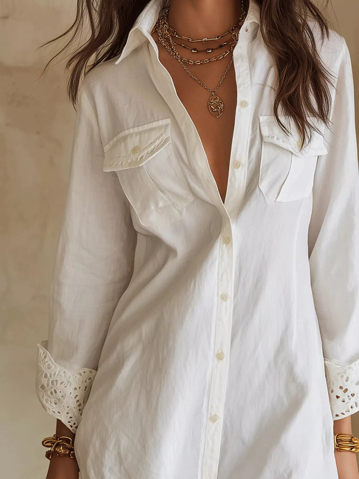 Button-Down Shirt Dress with Lace Trim - White - View 4