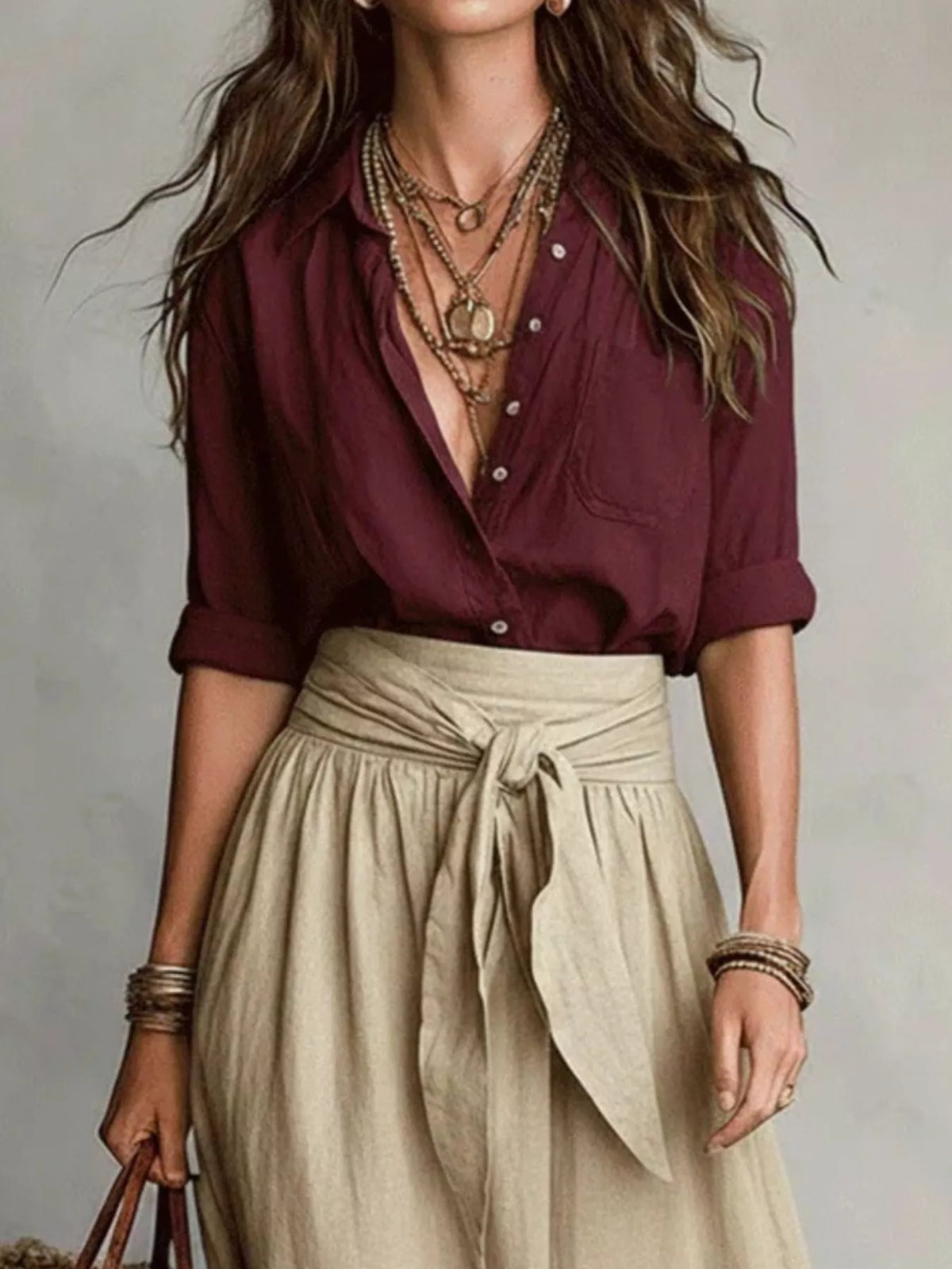 Full Size Button-Down Shirt and Skirt Set Plus Size - Burgundy - View 2