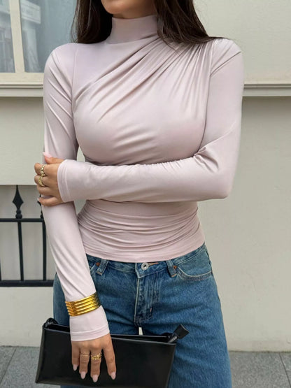 Mock Neck Ruched Slim-Fit Long Sleeve T-Shirt - Skin Tone - View 3