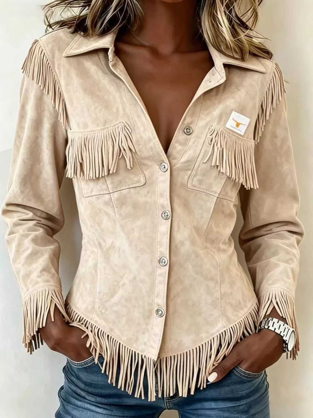 Full Size Fringed Snap Down Jacket Plus Size - Beige - View 1