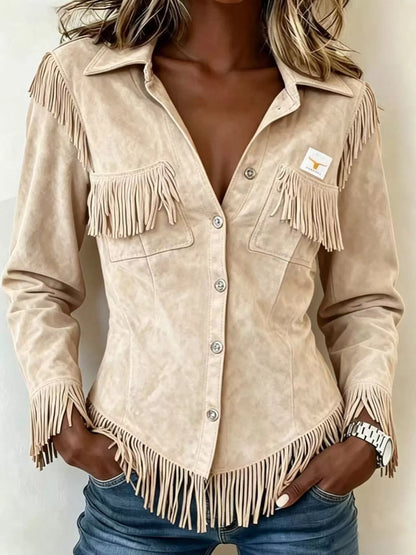 Full Size Fringed Snap Down Jacket Plus Size - Beige - View 1